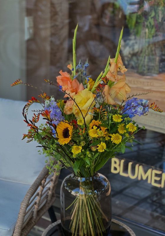 Bouquet in Gelb, Orange und Blau